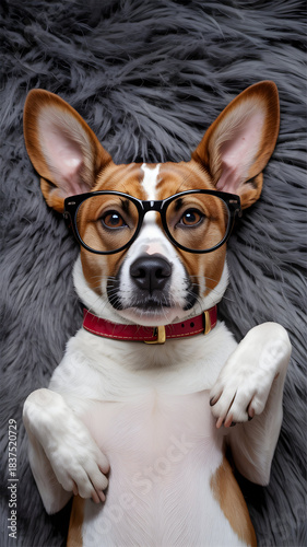 Jack Russell Terrier Wearing Glasses and Red Collar Lying on Gray Faux Fur Rug