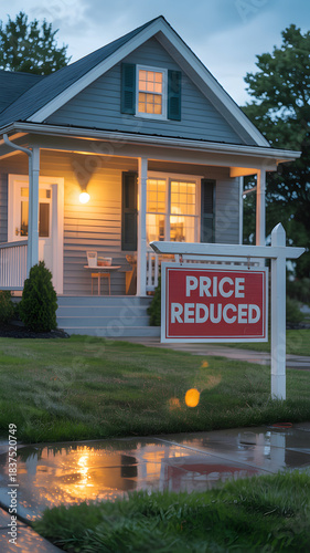 Twilight Craftsman House With Warm Porch Light and Price Reduced Sign