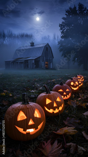 Halloween Night Scene With Five Glowing Jack-O�??-Lanterns and Misty Rural Barn