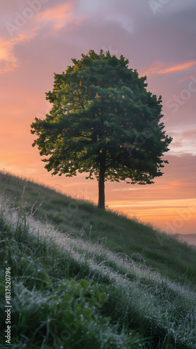 Solitary Tree on Grassy Hill at Sunrise With Dramatic Sky and Soft Lighting