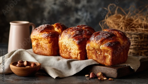 Three golden brown baked loaves rest upon a draped linen cloth in a rustic setting