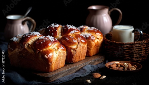 Golden baked sweet loaves topped with coarse sugar sit on a wooden board next to dairy and nuts