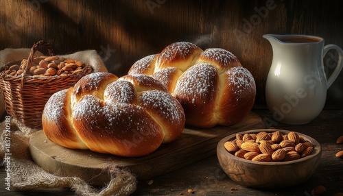 Golden baked braided breads dusted with powdered sugar rest beside almonds and a pitcher
