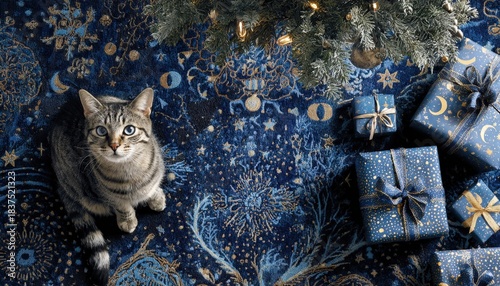 Domestic feline sits beside wrapped holiday gifts under the boughs of an evergreen tree