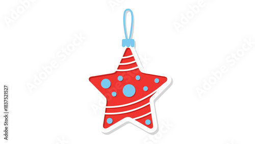 Festive Red Star Ornament With Blue Polka Dots And White Stripes Decorated For Christmas Celebrations Hanging Indoors With Soft Lighting Against A Dark Background
