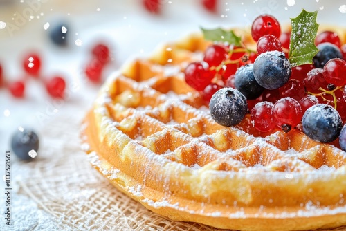 Golden baked breakfast pastry topped with fresh red and blue fruit and sweet dusting