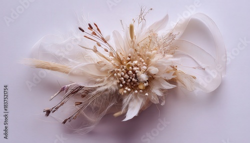 Delicate assemblage of dried botanicals and soft feathers creates an elegant accessory presentation