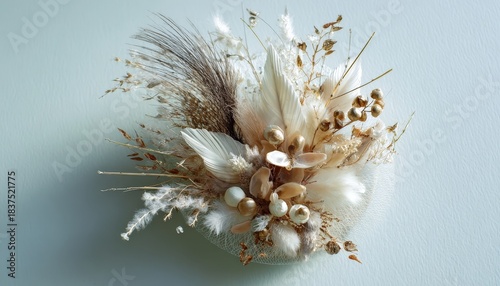 Delicate arrangement of dried botanicals and decorative spheres rests against a pale background