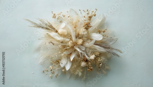 Delicate arrangement of preserved botanicals rests against a pale textured surface