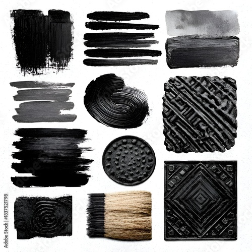 Collection of black paint brush strokes and textured shapes creates an abstract design on a square white s with varied techniques used.