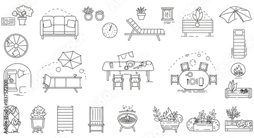 minimalist line art icons outdoor living backyard and camping essentials furniture plants leisure items for design apps.