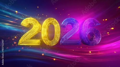 Glowing golden and purple three dimensional numerals depict the year twenty twenty six against a vibrant abstract background