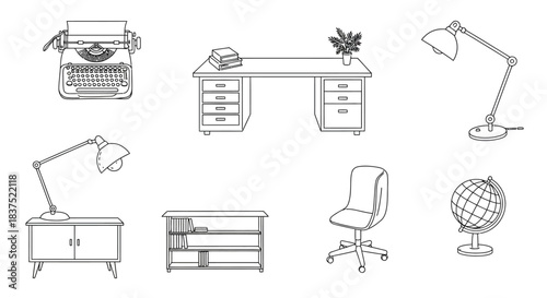 minimalist line art vector illustrations of essential office and study items desk chair typewriter lamps bookshelf globe ideal for business and education projects.