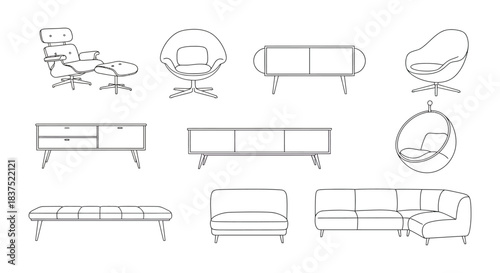 minimalist line art vector collection of modern furniture including iconic designer chairs sofas and sideboards perfect for interior design projects.