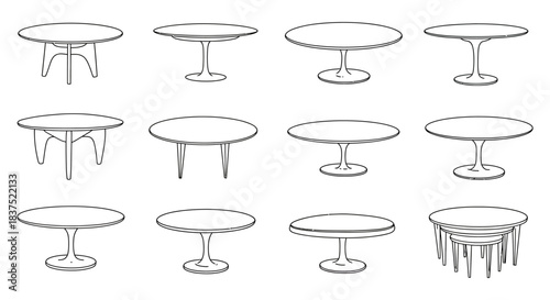 minimalist outline vector art showcasing various modern round table designs for interior design furniture branding and web graphics.