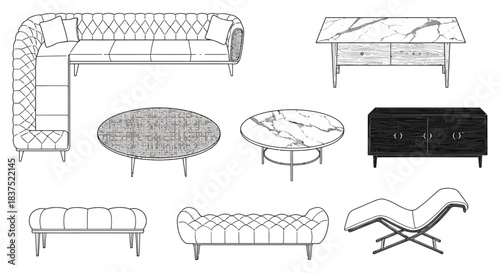modern furniture line art for contemporary interior design and home decor showcasing sofas tables benches and lounge chair.
