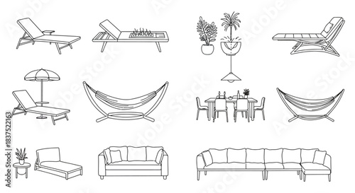 modern outdoor furniture and interior decor line art collection showcasing leisure and living concepts for home patio and garden design.