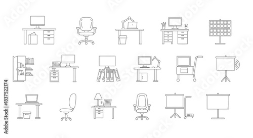 outline icons of office furniture and equipment illustrating professional workspace essentials and business supplies for modern infographic design.