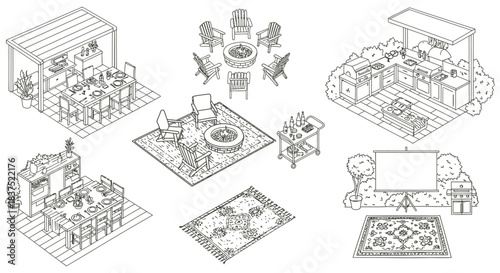 outdoor living elements isometric line art illustrations featuring backyard entertainment patio dining and relaxation setups.