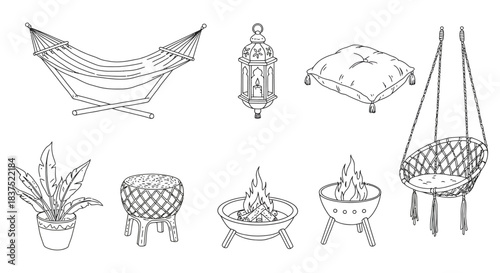 monochrome outline set of outdoor living and garden decor for backyard patio relaxation and summer comfort illustrations.