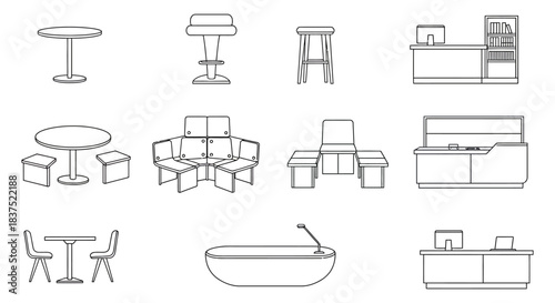 outline icons of various furniture and fixtures including tables chairs stools reception desks and modular seating for interior design.