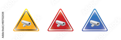CCTV surveillance warning icons in triangular shapes for security and monitoring signage.