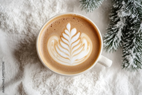 Cup of rich coffee with intricate foam design rests upon a white surface beside frosted greenery