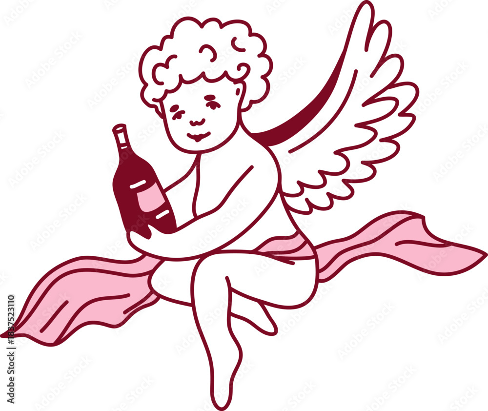 Obraz premium Cherub Holding Wine Bottle Line Art