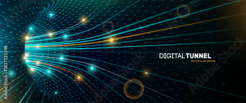 Digital Tunnel With Glowing Light Streams. Futuristic Data Flow. Speed Light Streem. Ai Machine Learning. Global internet processing. Vector Illustration.