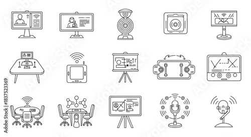 virtual meeting and video conferencing line icons for remote work online presentations and digital communication technology.