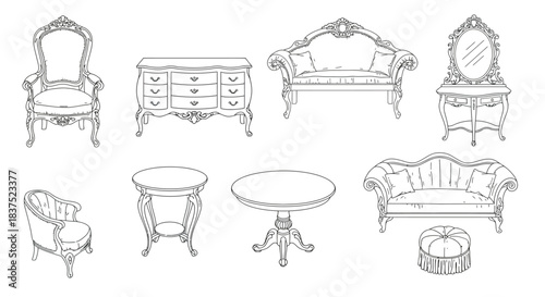 rococo antique furniture line art collection hand-drawn chairs sofas tables for elegant vintage interior design.