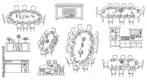 schematic line art of dining tables with place settings buffets and kitchen furniture ideal for architectural and interior design layouts.