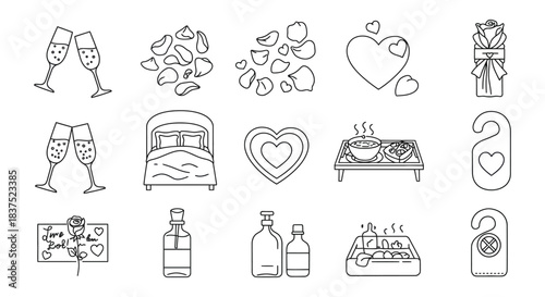 romantic celebration line icons for valentines day anniversaries and couples relaxation ideal for web design and marketing.
