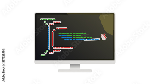 Flat Screen Computer Monitor Displays Colorful Programming Code on Dark Background with Minimalist Stand and Abstract Shapes on the Right Side