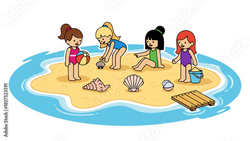 Four Diverse Young Girls In Colorful Swimsuits Playing On A Small Sandy Island Surrounded By Blue Water Collecting Seashells And Building Sandcastles Under Bright Daylight