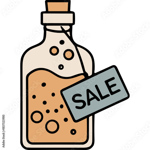 Clear Glass Bottle Filled With Orange Liquid And Bubbles With a Sale Tag Attached To The Neck On A White Background