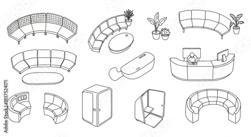 line art isometric modern office furniture showcasing modular seating privacy pods and a reception desk for workspace design.