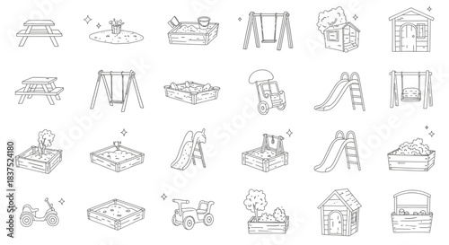 a diverse collection of minimalist line art icons showcasing essential outdoor playground equipment and childrens recreational elements.