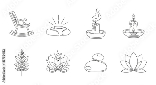 zen wellness line art icons depicting spa stones candles lotus flowers and a rocking chair perfect for holistic design.