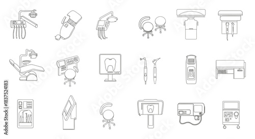dental equipment vector line icons set illustrating essential dentistry tools and clinic apparatus for modern healthcare design