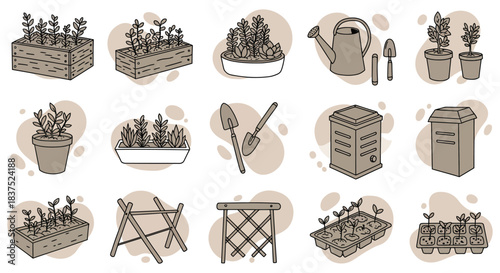 gardening icons of plant containers essential tools composting systems and seedling trays ideal for sustainable urban farming.