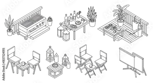 isometric line art collection of outdoor furniture including bbq grills patio dining sets and lounge chairs for modern leisure design.