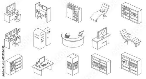 isometric line art collection of office and library furniture icons including desks chairs bookshelves and lounge items for workspace design.