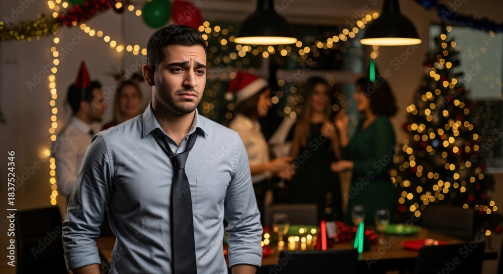 Fototapeta premium Upset young man feeling lonely and isolated at a festive Christmas holiday party, looking sad amidst cheerful friends and decorations.