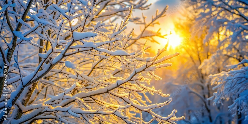 Obraz premium Snow-covered tree branches stretching upwards through frosty air, illuminated by soft golden light of winter sun peeking between dense foliage, cold weather, serene atmosphere