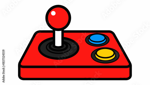 Classic arcade joystick with colorful buttons on a white background, ideal for gaming themes