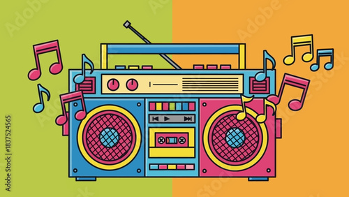 Colorful retro boombox with musical notes on vibrant green and orange background