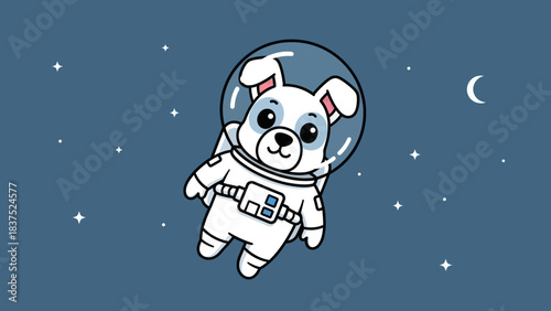 Cute cartoon dog in a spacesuit floating in space with stars and a crescent moon backdrop