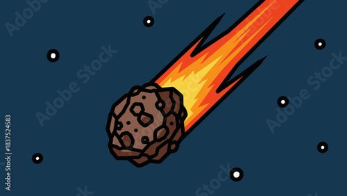 Cartoon depiction of a comet soaring through space, with fiery tail and stars in the background