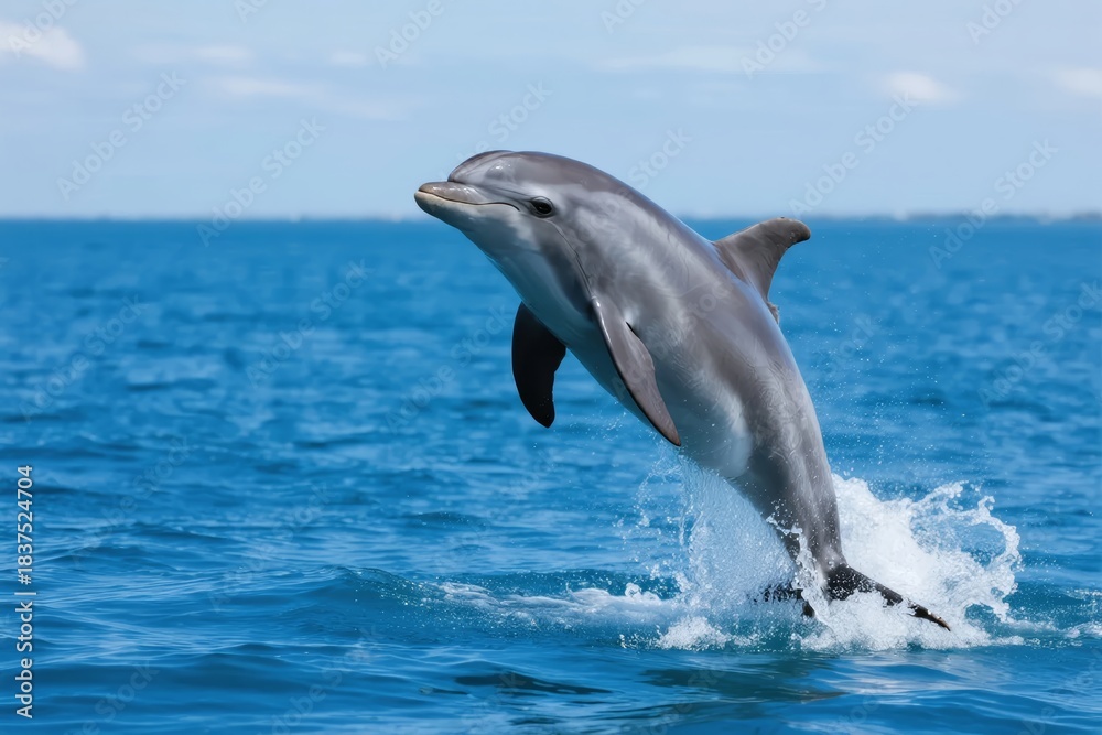 Fototapeta premium A dolphin leaps out of the ocean, creating a splash against a clear blue sky.